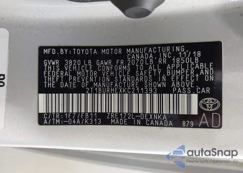 2019 Toyota Corolla Le z USA, uszkodzony, nr VIN 2T1BURHEXKC211393